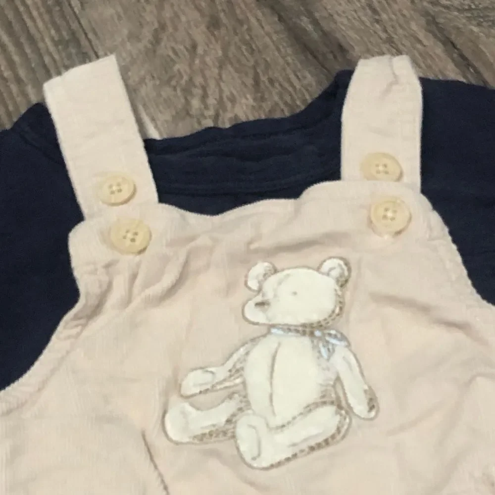 Kids Outfit Set Size 2-3 yrs Cream Overalls with Navy Shirt 2 pcs
